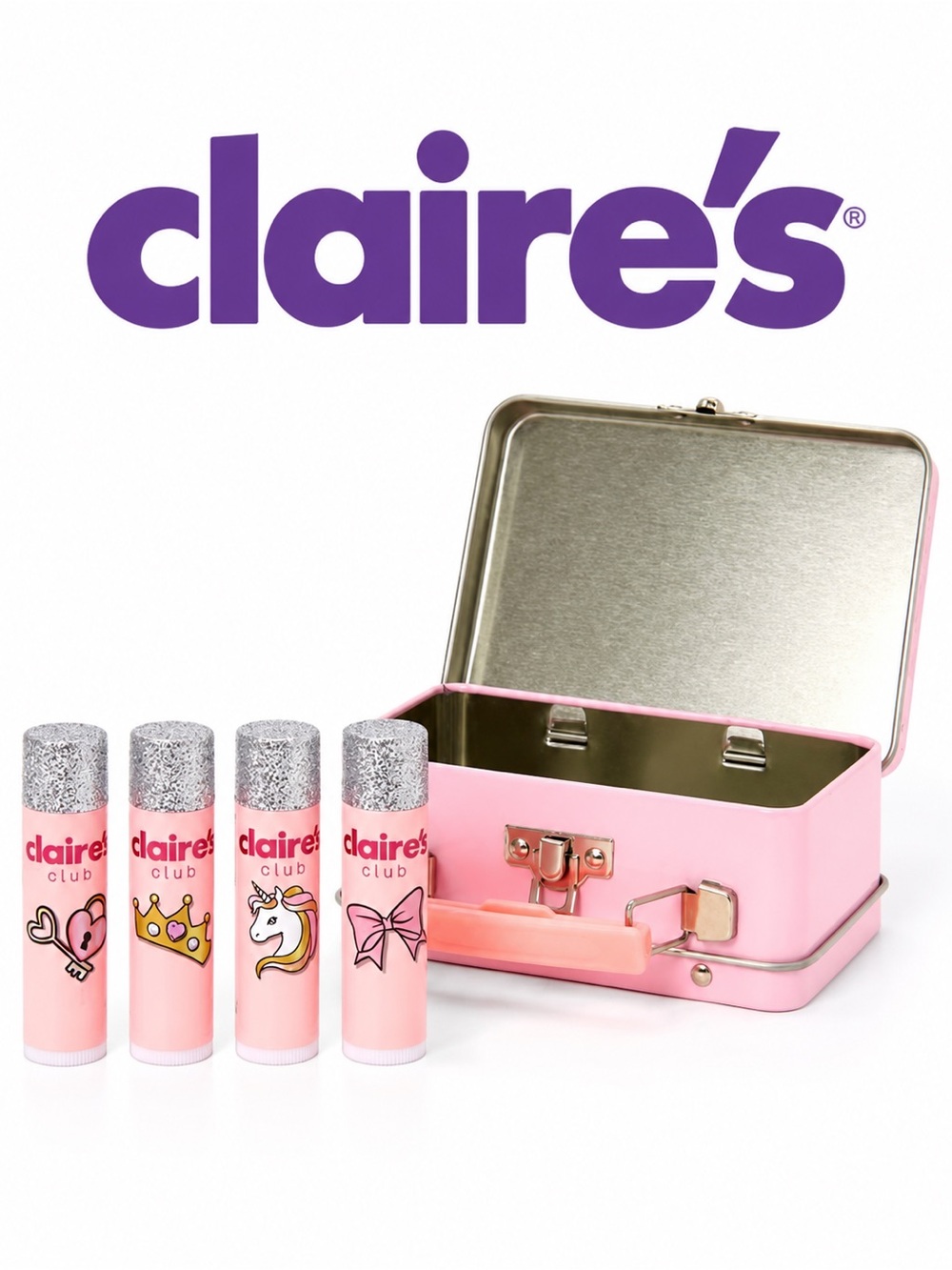 Claire’s Club 4 Flavored Lip Balm Set with Pink Keepsake Tin | NWT